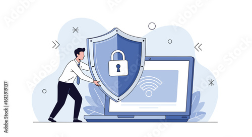 Cyber security shield protects laptop from digital threats and unauthorized access enhancing online safety