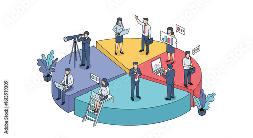 Visualizing diverse business teams collaborating within a pie chart segmentation strategy