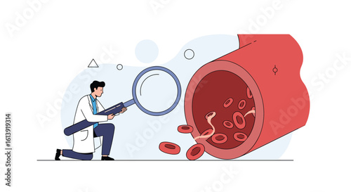 Medical professional inspecting blood vessel with red blood cells and magnifying glass illustration