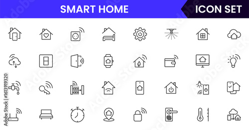 Smart home vector line icons featuring thermostats, motion detectors, cameras, alarms, automation, lighting, temperature control, connectivity, and energy efficiency.