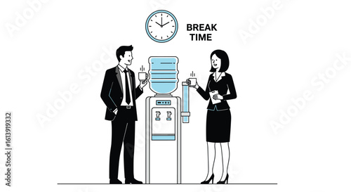 Colleagues enjoying a refreshing break near a modern water cooler on a busy workday