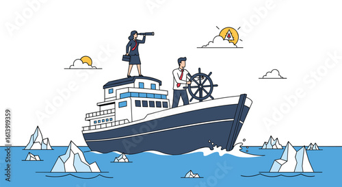Business leaders navigating challenging waters towards a brighter future with vision and determination