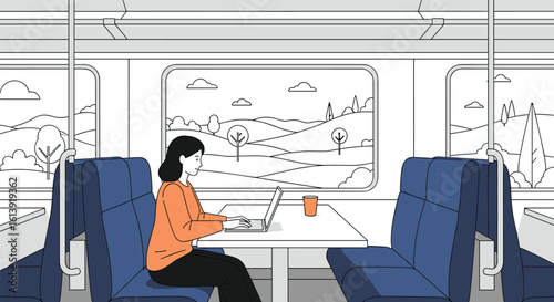 Commuter works on laptop during scenic train journey enjoying the rolling hills and nature views outside