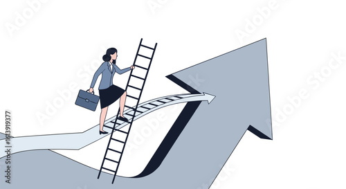 Businesswoman climbing ladder to success on upward trend graph achieving corporate goals