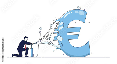 Man pumping air into a fragile euro symbol causing it to burst financial instability concept