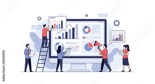Team of professionals analyzing business growth data using digital technology and visualizations for better strategic planning