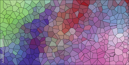 Abstract stained glass effect background composed of vibrant mosaic fragments with a colorful palette and dark outlines suitable for artistic designs