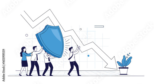 Business team collaborating together protecting against financial decline and market volatility showing resilience