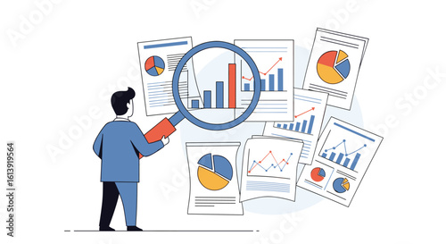 Analyzing business performance metrics through detailed financial report examination with magnifying glass and charts