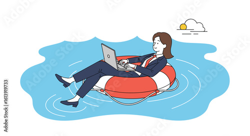 A woman in business suit works on laptop while floating on a lifebuoy in the ocean enjoying work life balance