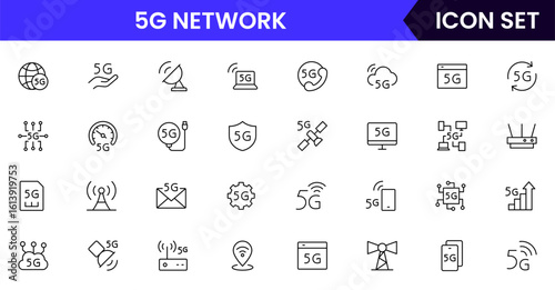 5G network vector line icons featuring signal towers, high-speed data, connectivity, smartphones, wireless technology, internet access, coverage, and modern communication.