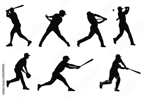 Collection of baseball player silhouettes in various batting stances and actions