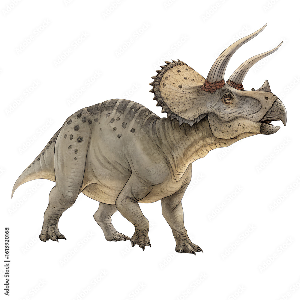 Fototapeta premium A detailed illustration of a Triceratops, a large herbivorous dinosaur with three distinctive facial horns and a frill. The creature has a robust body and textured skin.