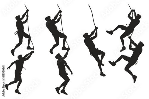 Silhouettes of rock climbers ascending a rope in various dynamic poses