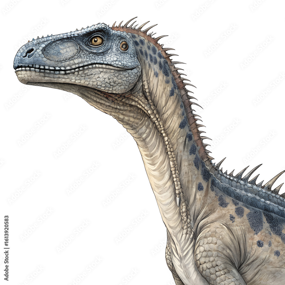 Fototapeta premium A detailed illustration of a Spinosaurus dinosaur. The creature has a long snout, sharp teeth, and a sail-like structure on its back. It is depicted against a black background.