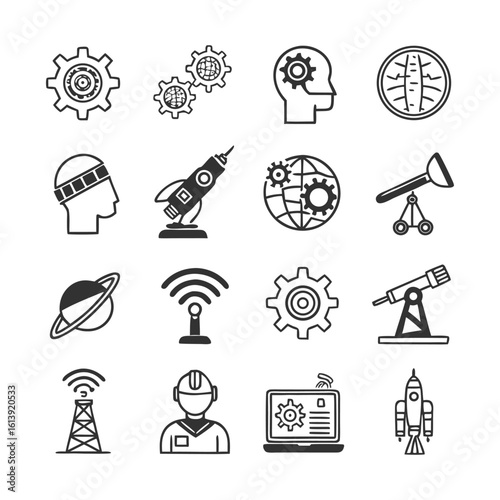 Modern Innovation Icons Pack | Vector Line Art of Futuristic Tech Concepts Including AI, Robotics, Bionics, and Emerging Digital Solutions