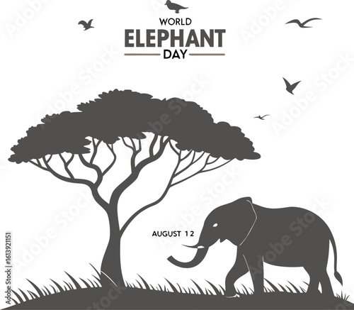 Minimalist Black and White Elephant and Tree Sketch for World Elephant Day Poster
