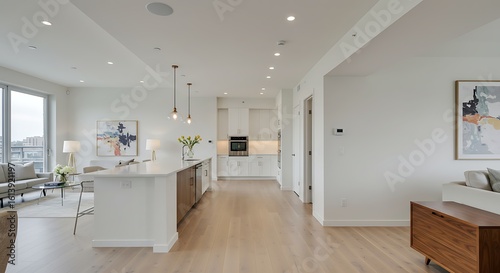 Bright open concept living space with kitchen island and modern decor