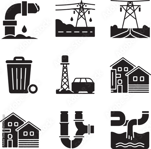 Infrastructure Overload Icon Set – Solid Icons for Resource Demand in Growing Cities