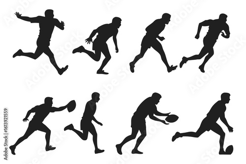 Silhouette of rugby players in various action poses