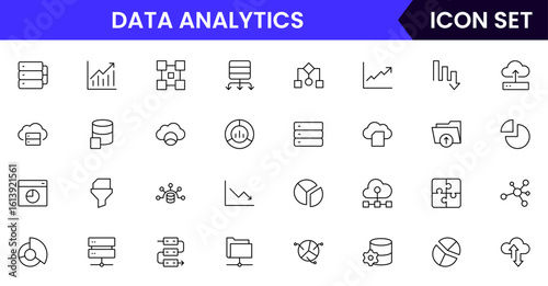 Data analytics vector line icons featuring graphs, charts, dashboards, data points, reports, algorithms, insights, trends, statistics, and visualization tools.