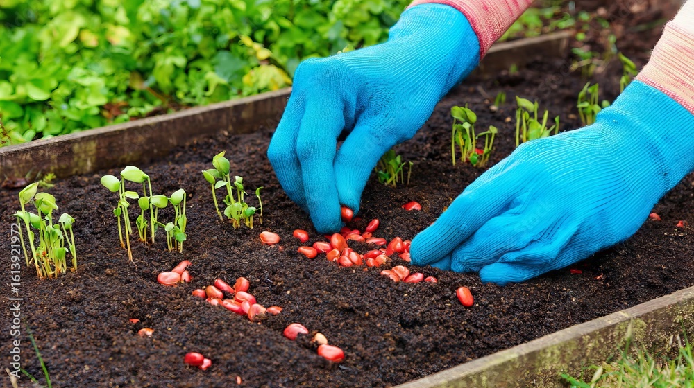 Naklejka premium Gardener wearing blue gloves is planting red seeds in rich soil, surrounded by young green sprouts, showcasing the process of nurturing a thriving vegetable garden