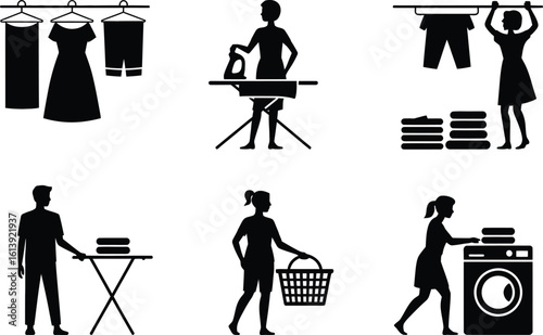 Laundry and ironing household chores icons washing machine