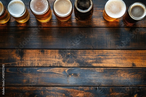 Top view of assorted craft beer glasses lined up on a rustic wooden table with copy space, great for pub menus, brewery promotions, and beer tasting event ads