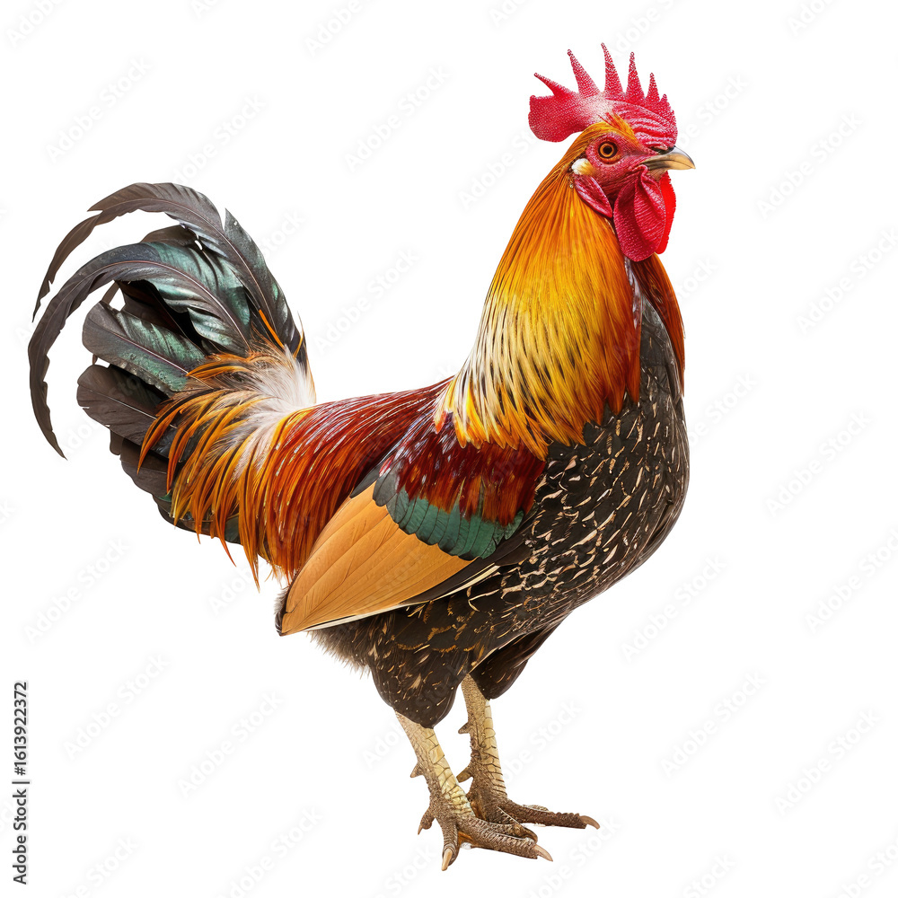 Fototapeta premium Rooster, vibrant plumage, standing proud
