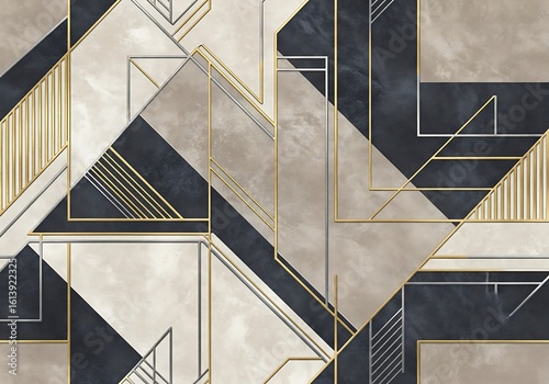 Elegant geometric art deco design with gold and silver accents and marble texture background