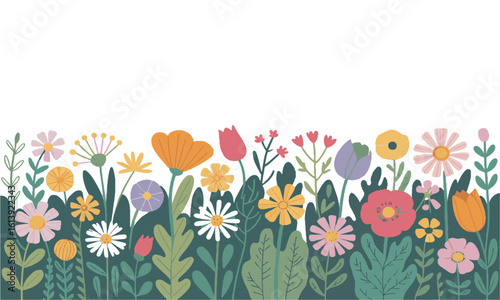 Modern vector illustration of a vibrant botanical border featuring various hand-drawn spring and summer flowers, full bloom (daisies, poppies, tulips, and more), leafy green plants, easily editable.
