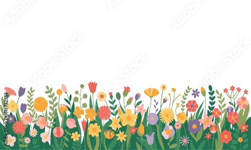 Modern vector illustration of a vibrant botanical border featuring various hand-drawn spring and summer flowers, full bloom (daisies, poppies, tulips, and more), leafy green plants, easily editable.