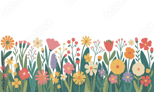Modern vector illustration of a vibrant botanical border featuring various hand-drawn spring and summer flowers, full bloom (daisies, poppies, tulips, and more), leafy green plants, easily editable.