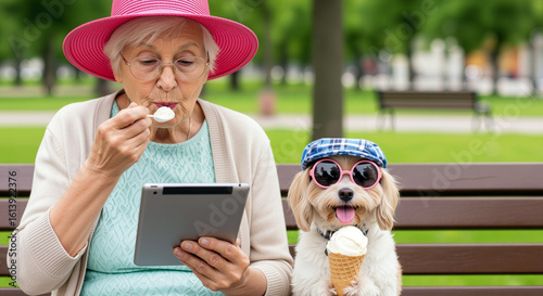 A heartwarming scene of an elderly woman and her adorable dog sharing a joyful summer afternoon, enjoying ice cream and digital leisure on a park bench.