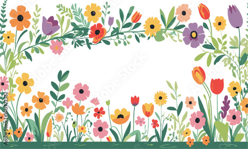 Modern vector illustration of a vibrant botanical border featuring various hand-drawn spring and summer flowers, full bloom (daisies, poppies, tulips, and more), leafy green plants, easily editable.