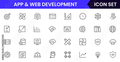 App and web development vector line icons featuring code, wireframes, interfaces, screens, UX/UI, testing, deployment, bugs, and digital tools.