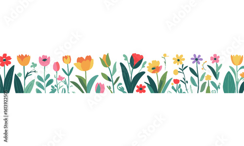 Modern vector illustration of a vibrant botanical border featuring various hand-drawn spring and summer flowers, full bloom (daisies, poppies, tulips, and more), leafy green plants, easily editable.