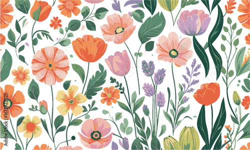 Modern vector illustration of a vibrant botanical border featuring various hand-drawn spring and summer flowers, full bloom (daisies, poppies, tulips, and more), leafy green plants, easily editable.