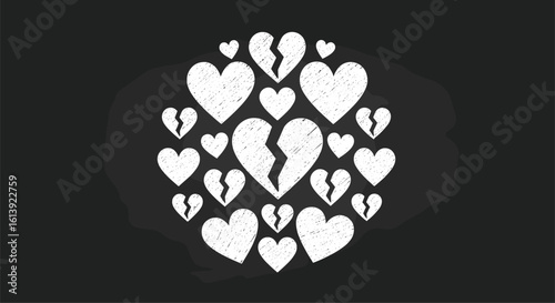 A circle of broken hearts on a dark chalkboard representing emotional pain and sadness