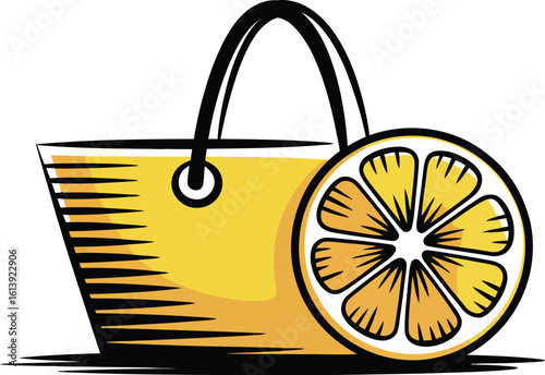 A vibrant yellow shopping bag illustration is featured alongside a juicy lemon slice, creating a fresh and summery vibe perfect for branding or design projects.
