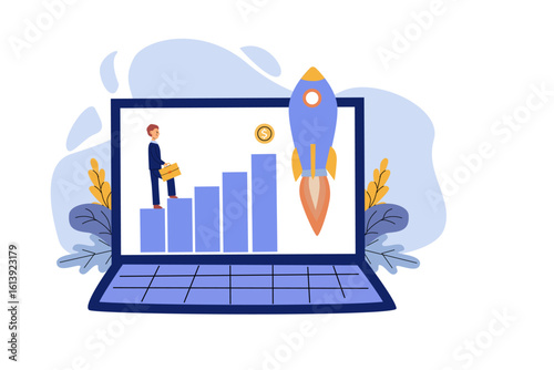 Startup launch and acceleration - business illustration with laptop, rocket, profit chart and man with case. Flat illustration of startup concept.