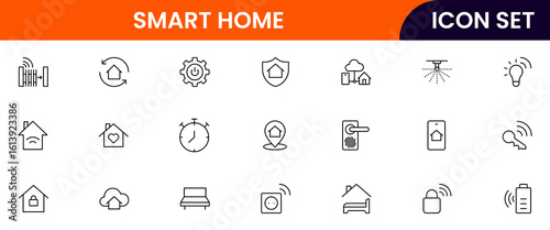 Smart home vector line icons featuring thermostats, motion detectors, cameras, alarms, automation, lighting, temperature control, connectivity, and energy efficiency.