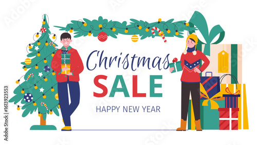 Winter christmas sale banner. Cute characters with gifts and presents bags and boxes. New Year discount, seasonal shopping time, vector background