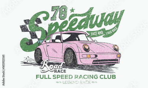 Car print design for t shirt print, poster, sticker, background and other uses. Legend race. Road speed graphic print. Extreme racing. Full speed racing club.