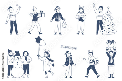 Christmas celebrating line characters. Adults prepare new year, with gift, decorations and xmas tree. Happy winter holidays, doodle people recent vector set