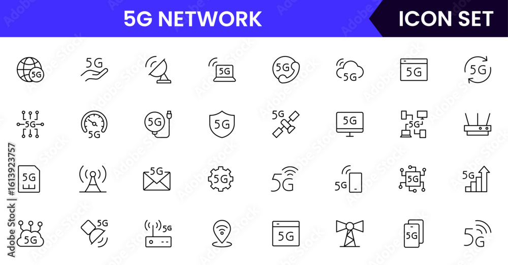 Fototapeta premium 5G network vector line icons featuring signal towers, high-speed data, connectivity, smartphones, wireless technology, internet access, coverage, and modern communication.