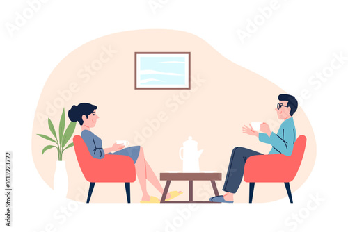 Couple drink and relax. Man and woman sitting with cups of tea or coffee at home. Family evening, romantic date or evening relax, recent vector concept
