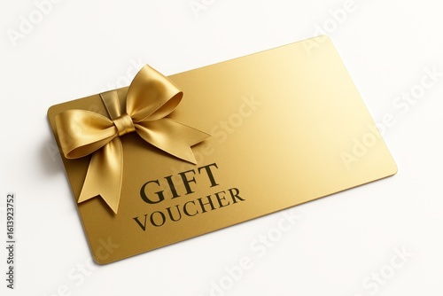 Golden gift voucher with satin ribbon bow on a white background golden gift card