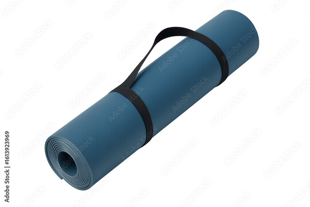 Rolled blue yoga mat with black carrying strap isolated on transparent background, ready for fitness and exercise Rolled blue yoga mat with black carrying strap isolated on transparent background, ready for fitness and exercise