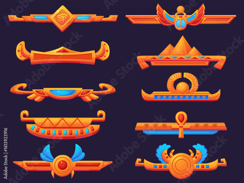 Egyptian style game borders. Ancient egypt golden frames elements, metallic dividers with wings, egyptian cross, precious stones. Games nowaday vector set